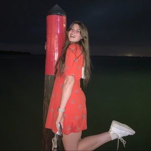 Used Free People Mockingbird Orange Open Back Dress, lace and blue flowers Sz M